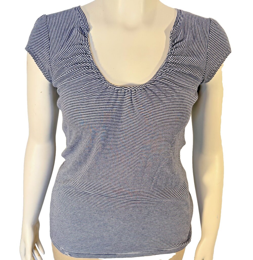 Express Sexy Basic Tee Shirt Womens L Mini Stripe Cap Sleeve Ruched Scoop Neck